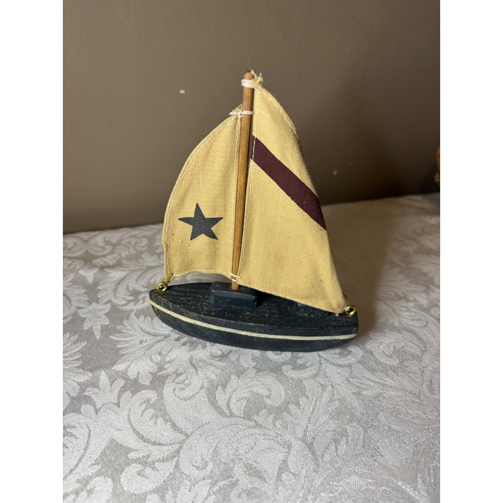Wooden Miniature Sailboat Decor Black Hull Fabric Star Sail Nautical VTG 6.5"